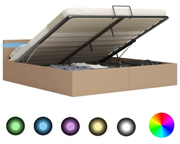 VidaXL kávészínű műbőr LED-es hidraulikus ágykeret 180 x 200 cm