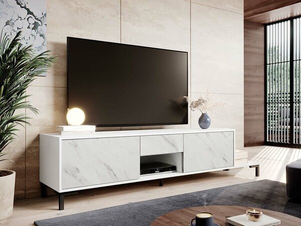 TV-állvány Charlotte 157, Laminált forgácslap, 48x195x40cm, Fehér márvány, Fehér