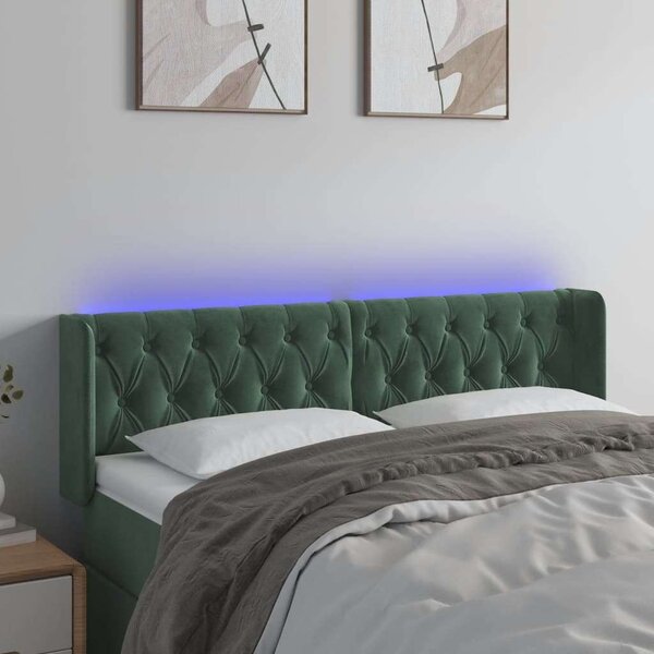 Sötétzöld bársony led-es fejtámla 147 x 16 x 78/88 cm