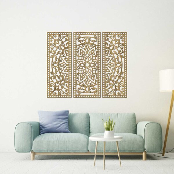 Virágos mandala fából – bohém, 3 darabos fali dekoráció | TRIPTYCH