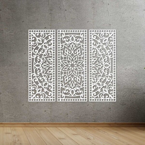 Virágos mandala fából – bohém, 3 darabos fali dekoráció | TRIPTYCH