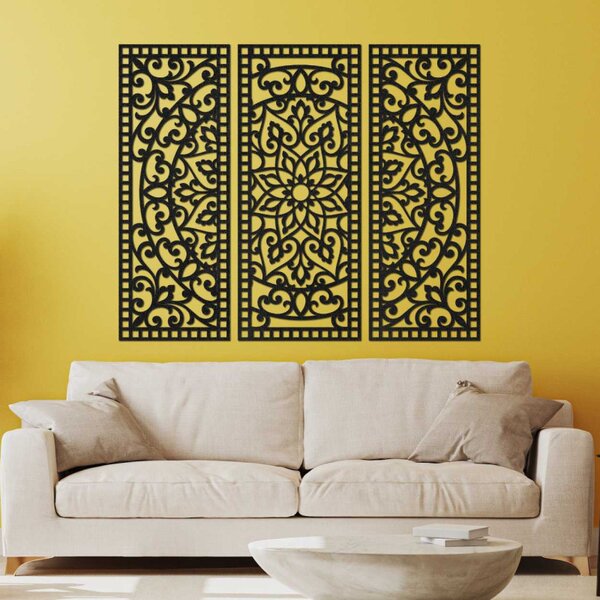Virágos mandala fából – bohém, 3 darabos fali dekoráció | TRIPTYCH