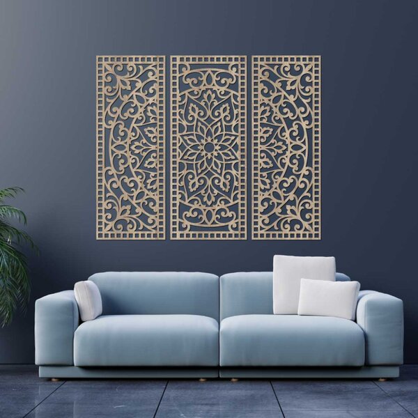 Virágos mandala fából – bohém, 3 darabos fali dekoráció | TRIPTYCH