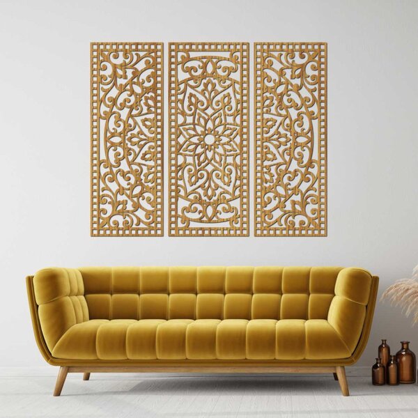 Virágos mandala fából – bohém, 3 darabos fali dekoráció | TRIPTYCH