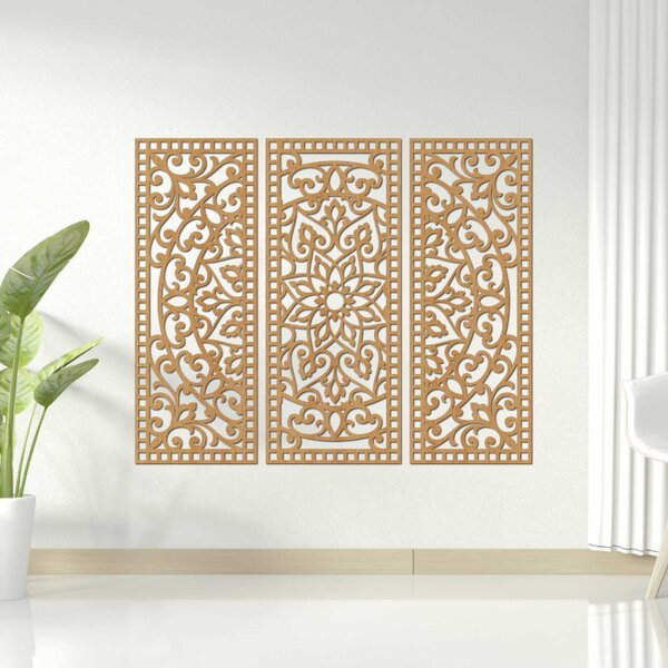 Virágos mandala fából – bohém, 3 darabos fali dekoráció | TRIPTYCH
