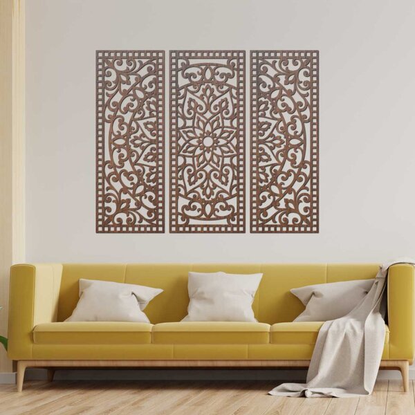 Virágos mandala fából – bohém, 3 darabos fali dekoráció | TRIPTYCH