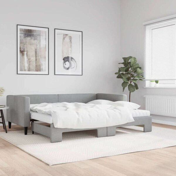 VidaXL világosszürke kihúzható szövet heverő matracokkal 90 x 190 cm