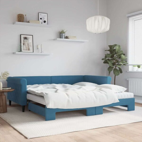 VidaXL kék bársony kihúzható heverő matraccal 100 x 200 cm