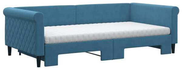VidaXL kék bársony kihúzható heverő matraccal 100 x 200 cm
