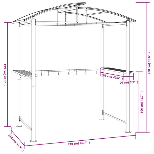 VidaXL antracit acél grillező pavilon oldalsó polcokkal 210x114x230 cm