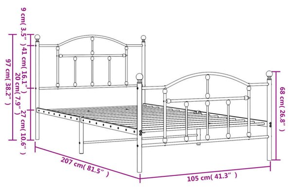 VidaXL Fém Ágykeret - Fekete - 100x200 cm
