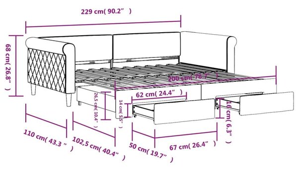 VidaXL kék kihúzható bársony heverő fiókkal 100 x 200 cm