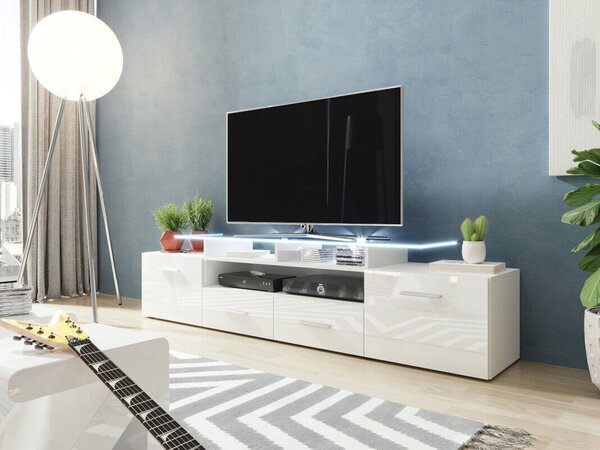TV-állvány Charlotte 117, Közepes sűrűségű farostlemez, Laminált forgácslap, 38x194x39cm, Fényes fehér, Fehér