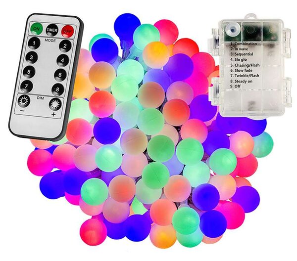 Kültéri LED elemes fényfüzér gömb izzókkal - 10m - 100 LED, színes