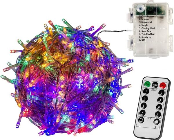 Kültéri LED elemes fényfüzér 20m 200 LED, színes, távirányítóval