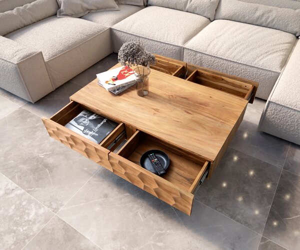 DELIFE Dohányzóasztal Solu 120x70 cm akác természetes 4 fiók lebegő fém láb fekete 3D előlap