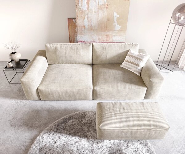 DELIFE Nagy kanapé Lanzo XL 270x130 cm kordbársony bézs puffal