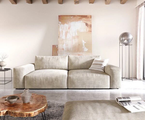 DELIFE Nagy kanapé Lanzo XL 270x130 cm kordbársony bézs puffal