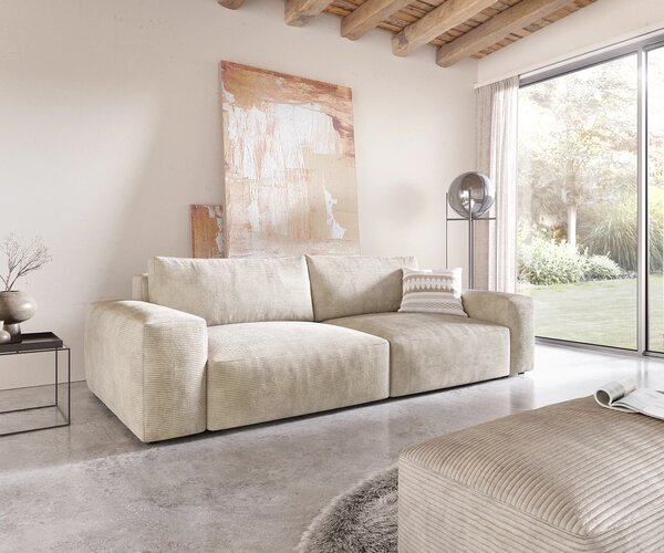 DELIFE Nagy kanapé Lanzo XL 270x130 cm kordbársony bézs puffal