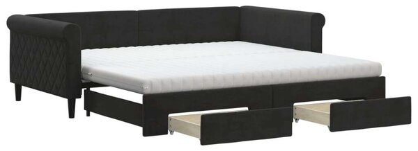 VidaXL fekete kihúzható bársony heverő fiókkal 100 x 200 cm