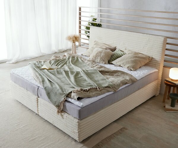 DELIFE Boxspring ágy Dream-Well plüss kord bézs 180x200 cm zsákrugós matrac visco topper