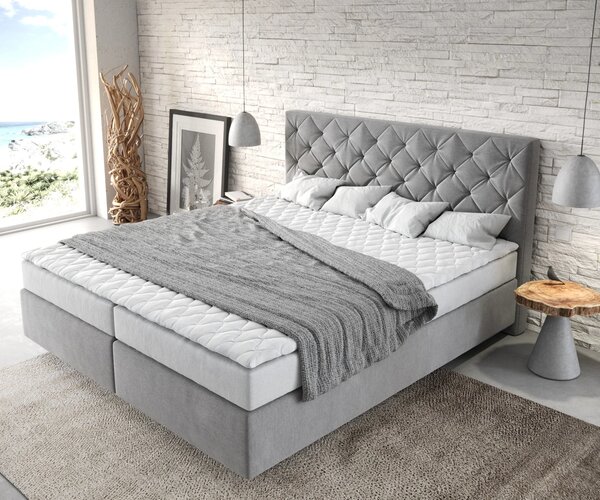 DELIFE Boxspring ágy Dream-Great 180x200 cm mikroszálas szürke matraccal és topperrel