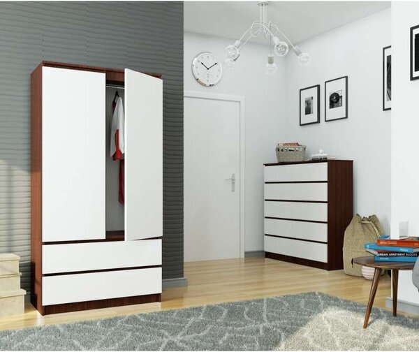 AKORD Modern Kétajtós Ruhásszekrény Laminált Wenge-Fehér 2 Fiókkal