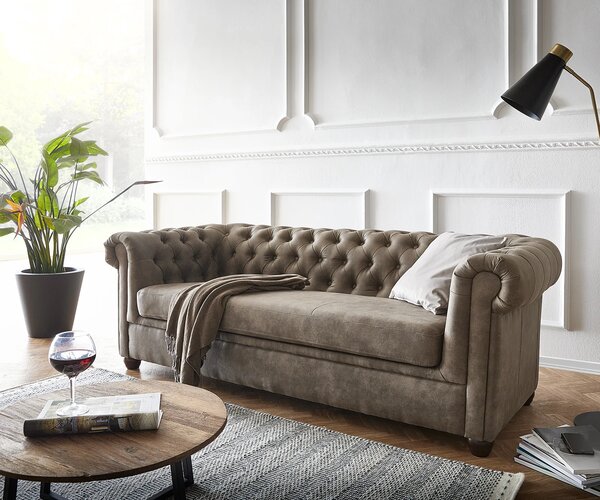 DELIFE Kanapé Chesterfield 3 személyes 200x88 cm vintage taupe kanapé