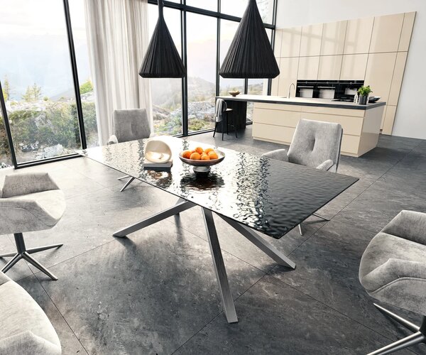 DELIFE Étkezőasztal Edge 200x100 domborított üveg füstfekete 3D design kereszt láb téglalap alakú rozsdamentes acél