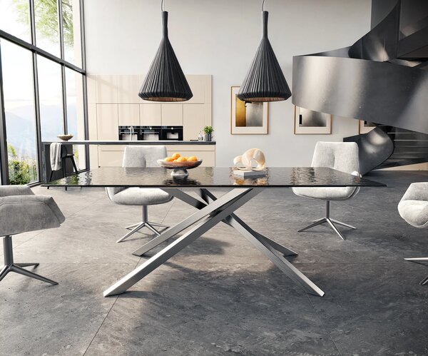DELIFE Étkezőasztal Edge 200x100 domborított üveg füstfekete 3D design kereszt láb téglalap alakú rozsdamentes acél
