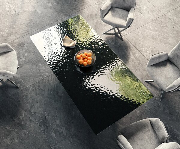 DELIFE Étkezőasztal Edge 200x100 domborított üveg füstfekete 3D design Spider laposacél rozsdamentes acél