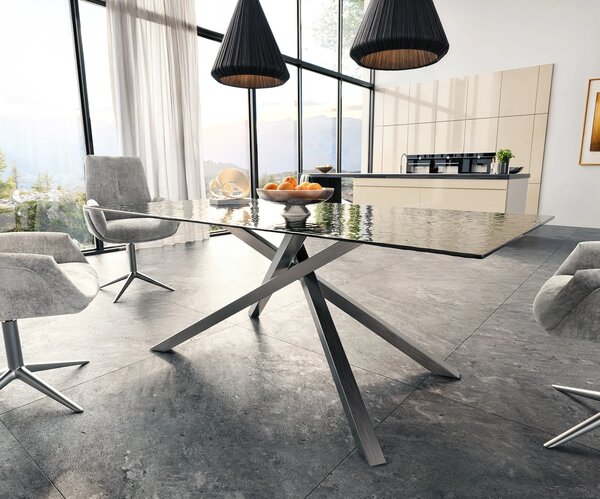 DELIFE Étkezőasztal Edge 200x100 domborított üveg füstfekete 3D design kereszt láb téglalap alakú rozsdamentes acél