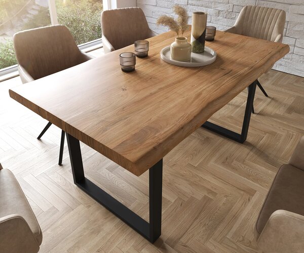 DELIFE Étkezőasztal Edge 160x90 XL akác természetes fekete vékony lábazat Live-Edge