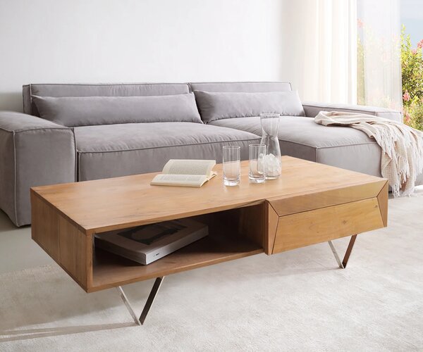 DELIFE Dohányzóasztal Kayu 115x60 cm akác természetes 2 fiókos V-láb rozsdamentes acél