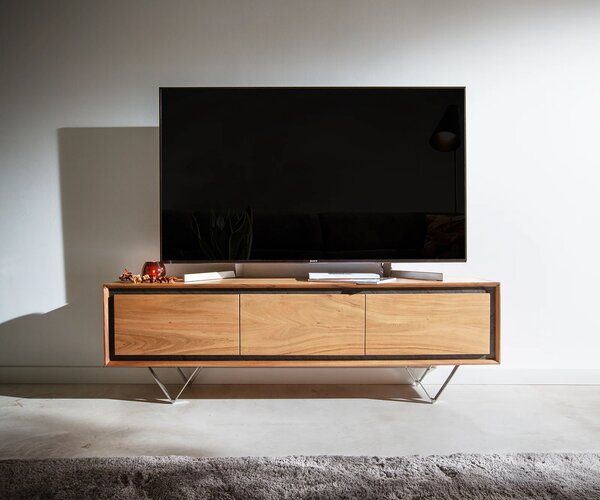 DELIFE TV szekrény Stonegrace 145 cm akác természetes 3 ajtós kőfurnér V láb
