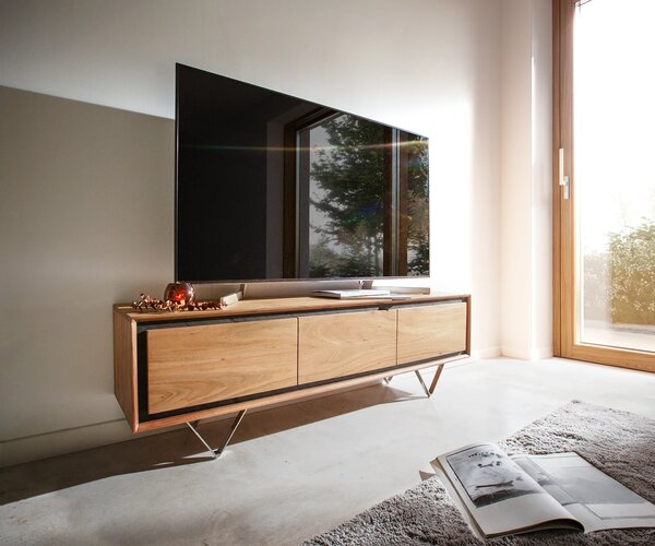 DELIFE TV szekrény Stonegrace 145 cm akác természetes 3 ajtós kőfurnér V láb