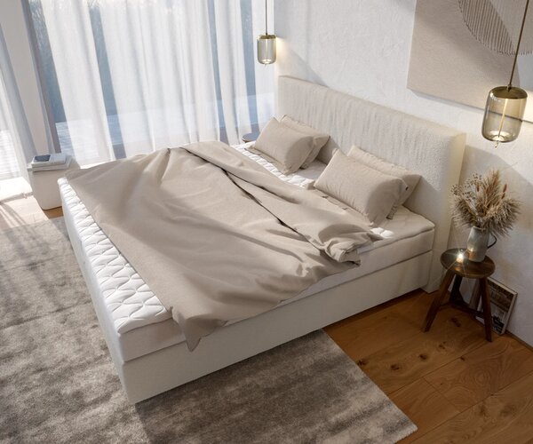 DELIFE Boxspring ágy Dream-Well bouclé krémfehér 200x200 cm bonell matrac PU-topper
