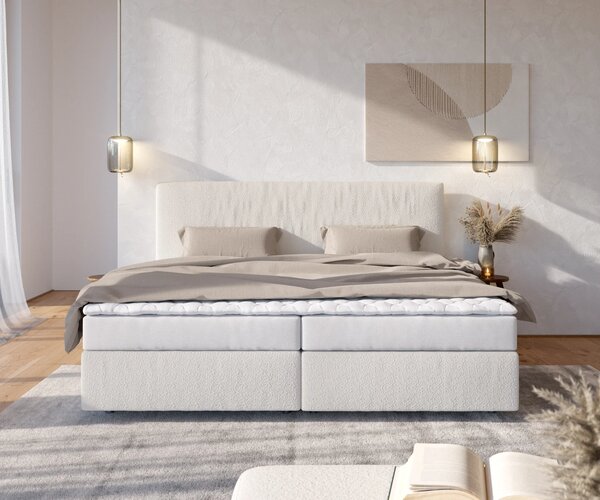 DELIFE Boxspring ágy Dream-Well bouclé krémfehér 200x200 cm bonell matrac PU-topper