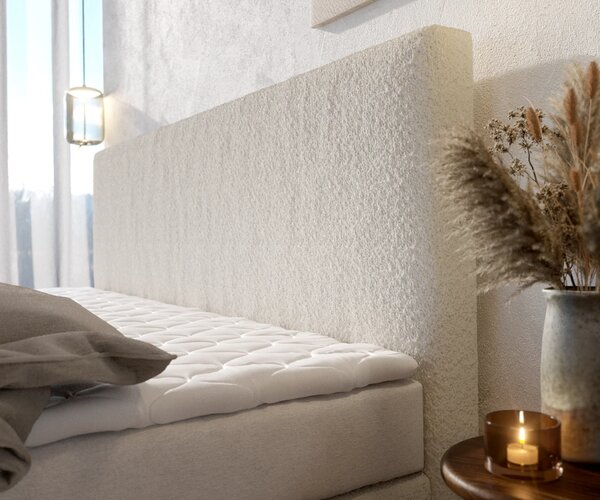 DELIFE Boxspring ágy Dream-Well bouclé krémfehér 200x200 cm bonell matrac PU-topper