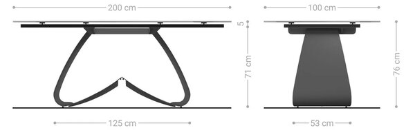 DELIFE Étkezőasztal Edge hajóformájú 200x100 domborított üveg füstfekete 3D design W alakú fém láb fekete