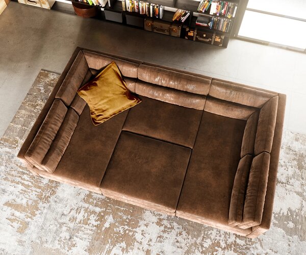 DELIFE "U alakú kanapé Elio 300x185 cm bőr imitáció vintage barna antik puffal"