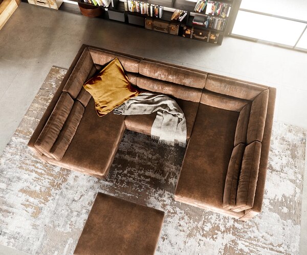 DELIFE "U alakú kanapé Elio 300x185 cm bőr imitáció vintage barna antik puffal"