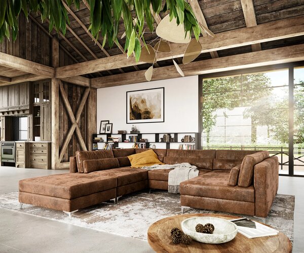 DELIFE "U alakú kanapé Elio 300x185 cm bőr imitáció vintage barna antik puffal"