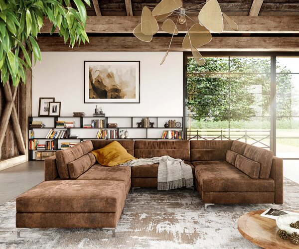 DELIFE "U alakú kanapé Elio 300x185 cm bőr imitáció vintage barna antik puffal"