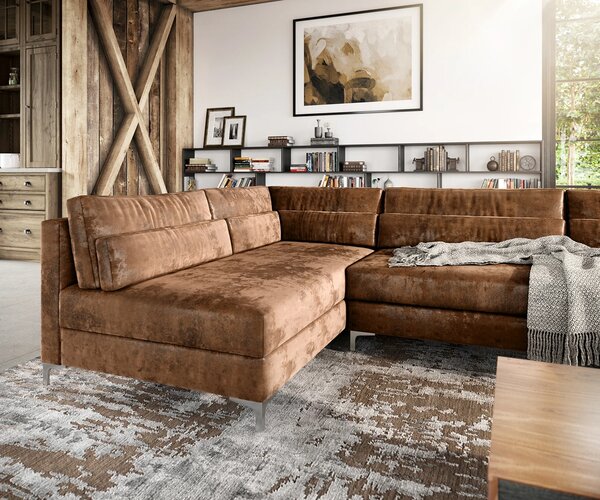 DELIFE "U alakú kanapé Elio 300x185 cm bőr imitáció vintage barna antik puffal"