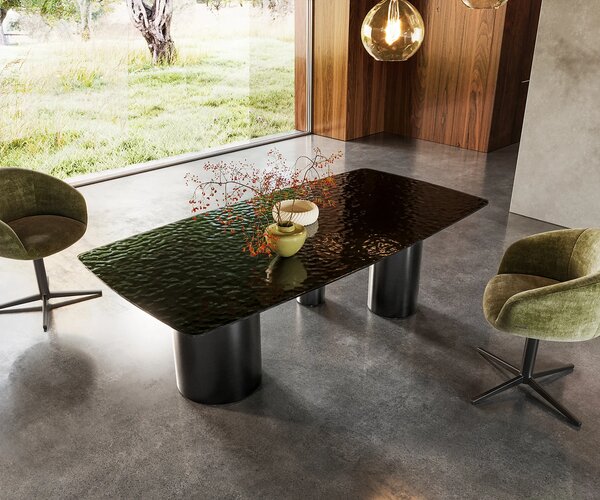 DELIFE Étkezőasztal Edge hajóformájú 200x100 domborított üveg füstfekete 3D design Troa rozsdamentes acél grafit