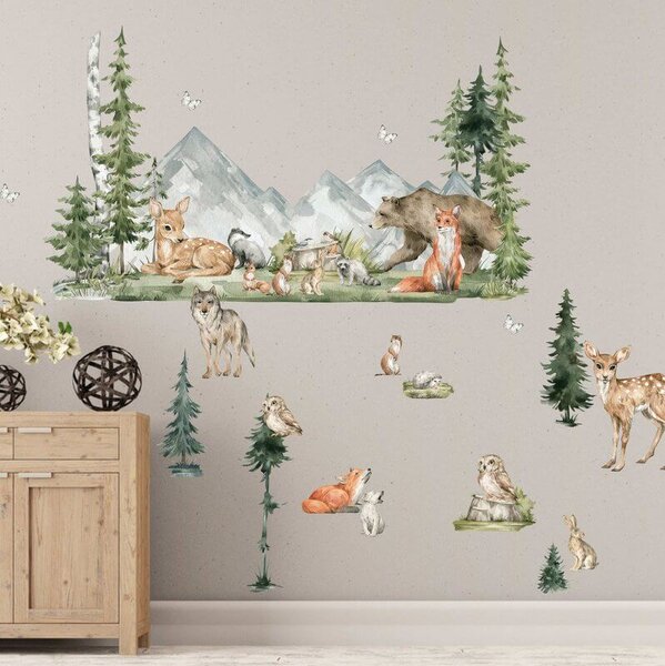 INSPIO - átragasztható textil matrica - Falmatricák gyerekeknek - Forest erdei állatkák gyerekszobába