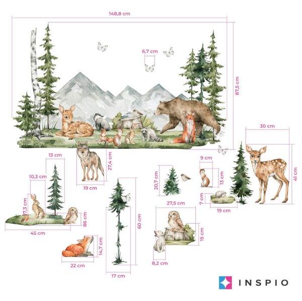 INSPIO - átragasztható textil matrica - Falmatricák gyerekeknek - Forest erdei állatkák gyerekszobába