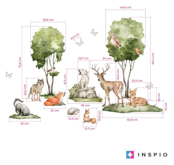 INSPIO - átragasztható textil matrica - Falmatricák gyerekszobába - Forest erdei motívum őzikékkel, rókával és más állatokkal