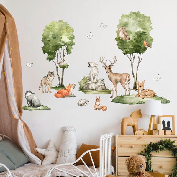 INSPIO - átragasztható textil matrica - Falmatricák gyerekszobába - Forest erdei motívum őzikékkel, rókával és más állatokkal